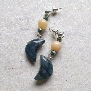 Rustic Woodland Moon Earrings • Moss Agate + Citrine • Lunar Forestcore Jewelry